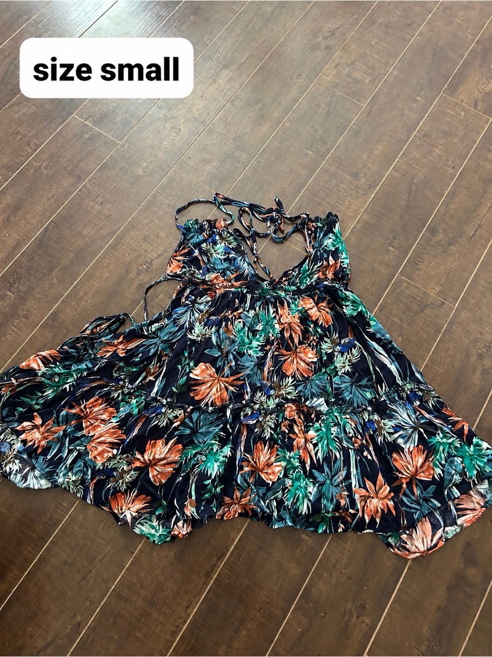 Floral Tiered V‑Neck Women’s dress — Navy with Green & Orange Floral